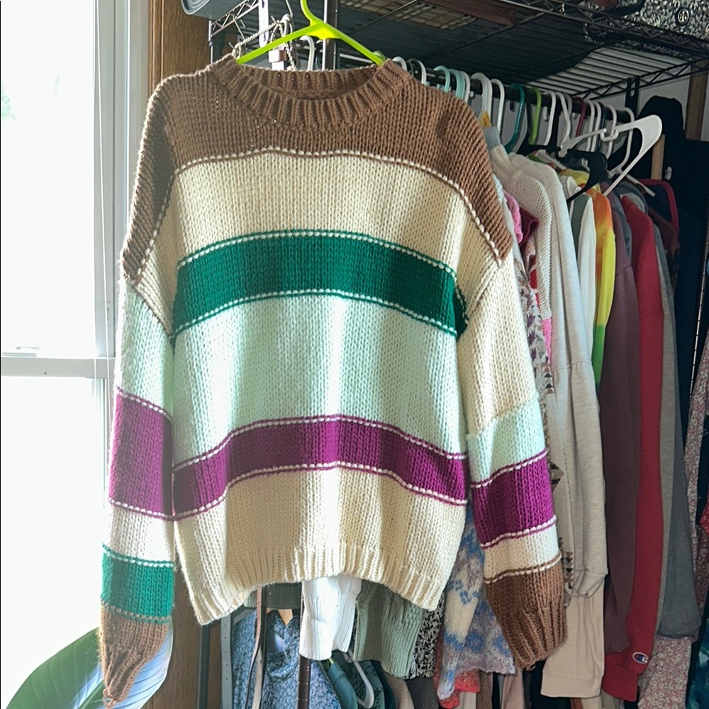 Cream and Green Crew Neck Sweater